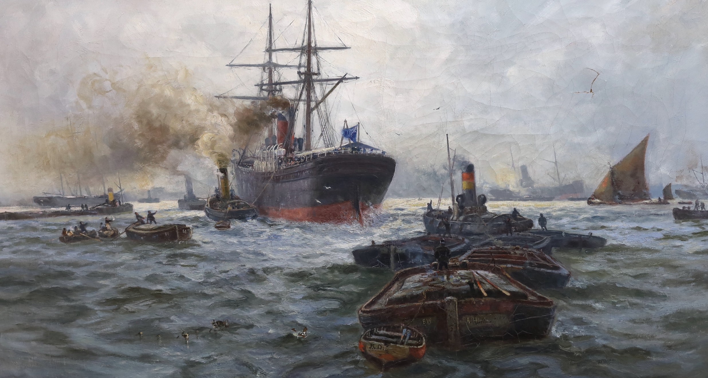 Charles John de Lacy (British, 1856-1936), 'Off to the Cape - A Donald Curree Steamer going down Blackwall Reach', oil on canvas, 60 x 106cm